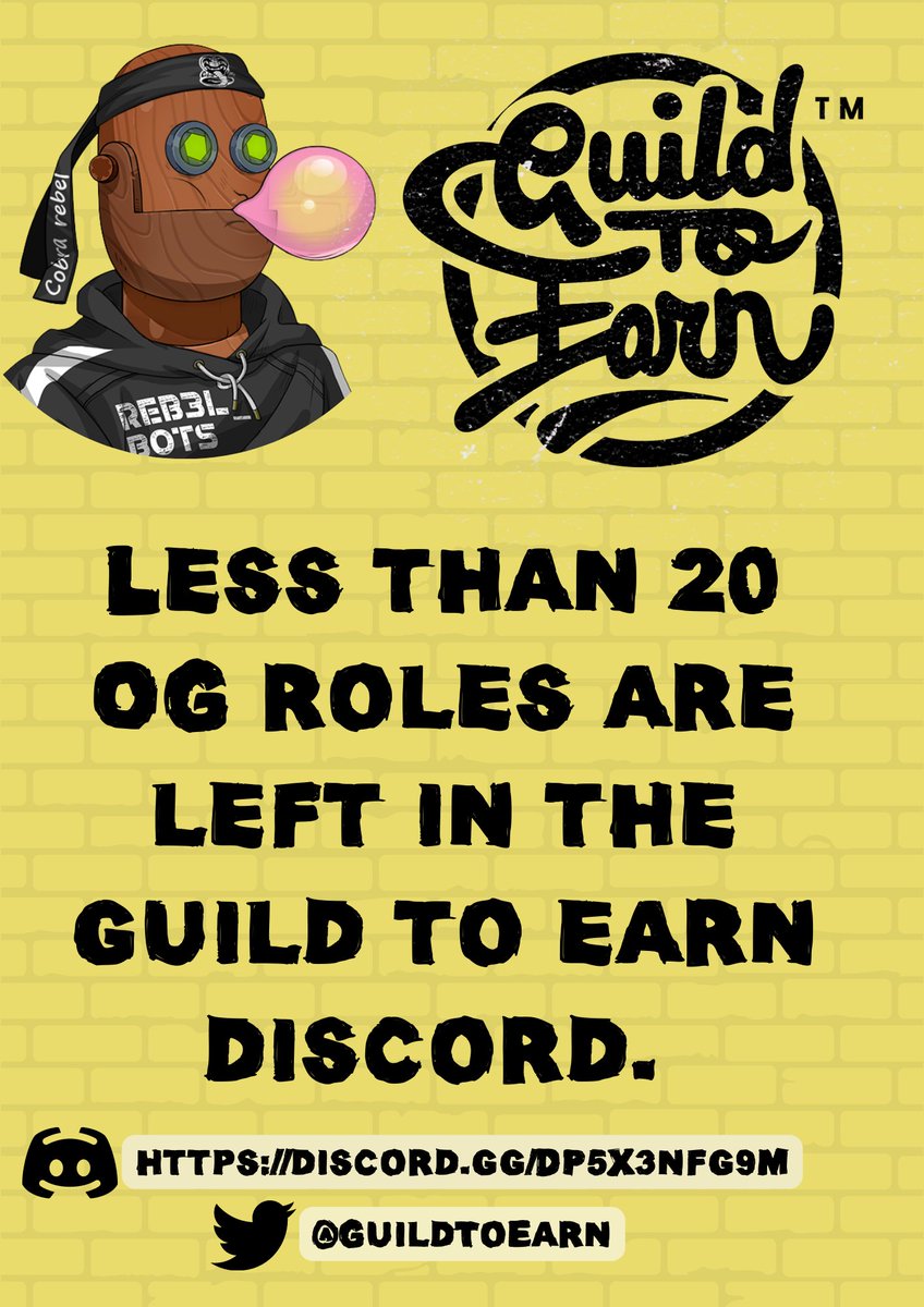 GuildToEarn's tweet photo. Our Discord has been open for one week and we have less than twenty OG roles to go.

We have space for 100s of #Scholars and even more space for the #P2E community. Even if you're not looking for a @REBEL_BOTS #Scholarship come and vibe -  https://t.co/DQ1qlD6pMK

#G2E #NFTs #LFE https://t.co/OKkkBJ3EPH