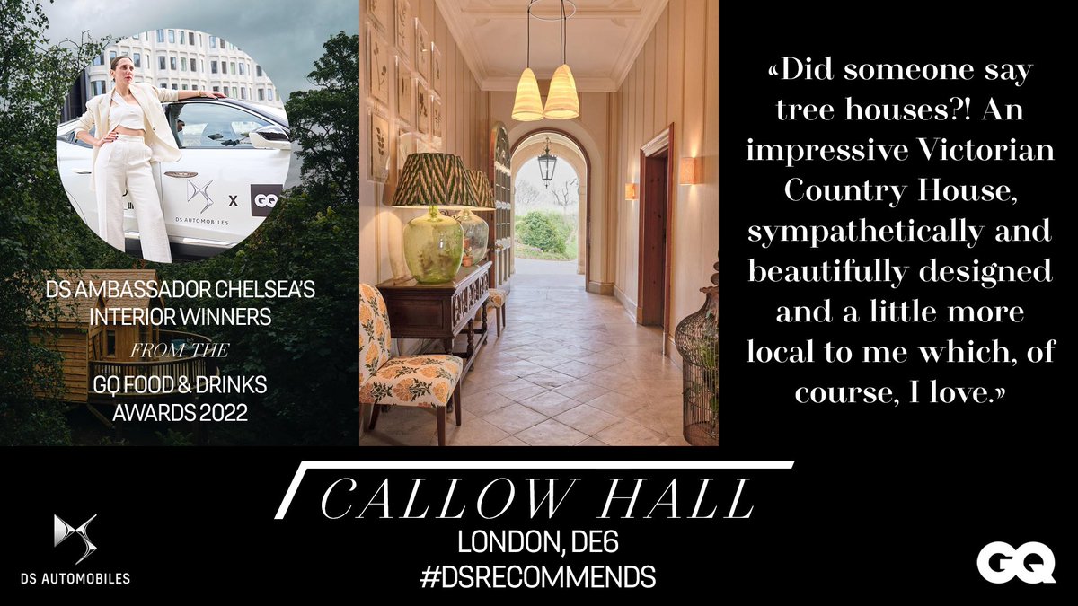 DS_UK_Official's tweet photo. DS Ambassador Chelsea shares her 3 winners from the @BRITISHGQ Food &amp; Drink Awards in the Interior Category. Which would you add to her list?

#DSRecommends @CallowHallHotel https://t.co/RrXrX2tLpg