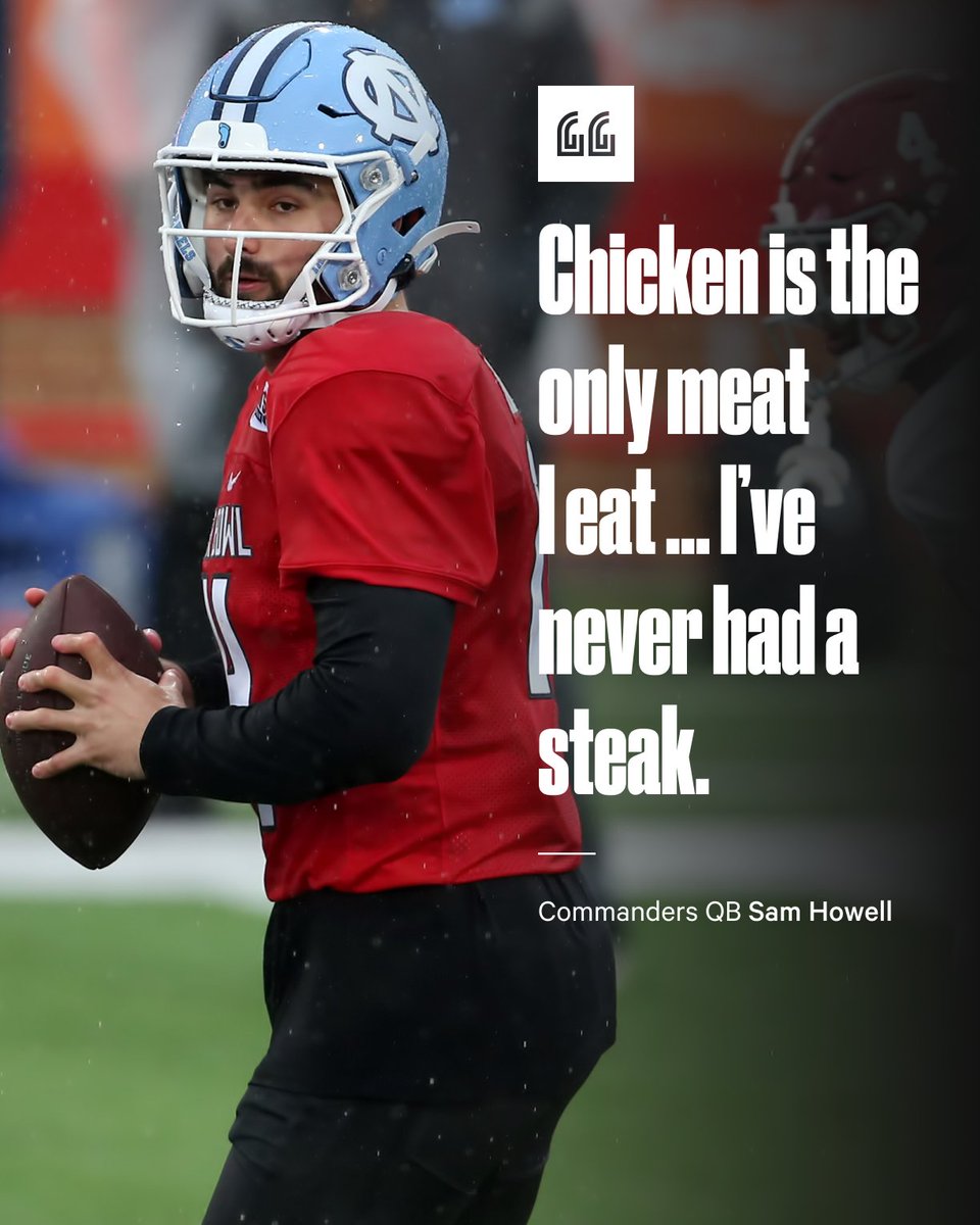 TheAthleticNFL's tweet image. Commanders rookie QB Sam Howell says he only eats chicken.

He&apos;s never tried a burger or a steak and won&apos;t eat seafood. He orders chicken tenders at steakhouses and brings his own tenders to team dinners.

H/T @MarkPArmstrong | @Commanders