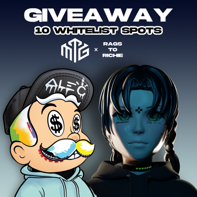 We are so excited to collab with the talented @AlecMonopoly for his NFT project @RagsToRichieNFT! Today we are giving away 10 WhiteList spots! 

To enter,
1️⃣ Like and RT,
2️⃣ Follow  <a href="/NFTMTG/">More Than Gamers (MTG)</a>  +  @RagsToRichieNFT
3️⃣ Tag 3 friends

#MTG #RagsToRichie #giveaway