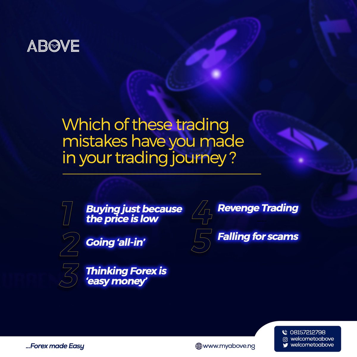 welcometoabove's tweet photo. Which of these trading mistakes have you made in your trading journey ?
A Buying just because the price is low
B. Going ‘all-in’
C. Thinking Forex is ‘easy money’
D. Revenge Trading
E. Falling for scams
Let us know in the comment section 👇
#Above #Abovefx #USDT #gistlover https://t.co/CJHL89NLfm