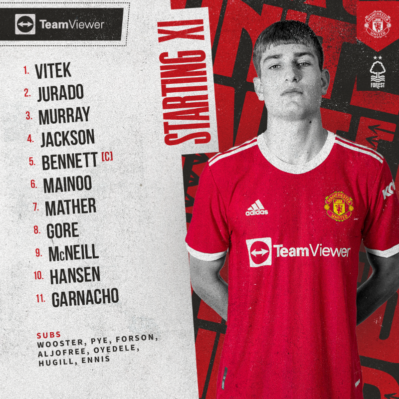 ManUtd's tweet photo. Introducing our #MUAcademy U18s side to take on Nottingham Forest in the #FAYouthCup final ✊🔴

All the best, lads! 💪

#MUFC