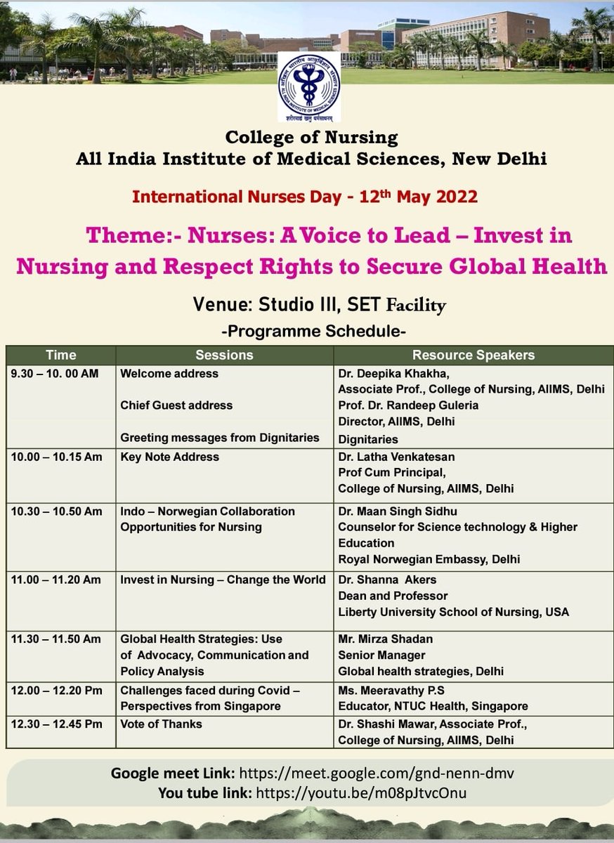 aiims_newdelhi's tweet photo. On the occasion of #InternationalNurses day,  College of Nursing @aiims_newdelhi is organizing a seminar on “Nurses: A Voice to Lead - Invest in Nursing and Respect Rights to Secure Global Health”
Livestreaming on https://t.co/AtFqM7ag3e https://t.co/87Y2q4vSmt