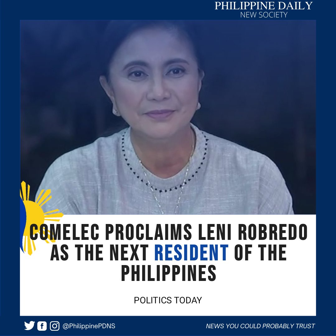 PhilippinePDNS's tweet photo. JUST IN: COMELEC proclaims VP Leni Robredo as the next resident of the Philippines

#Halalan2022 https://t.co/a3IU0nOhNx