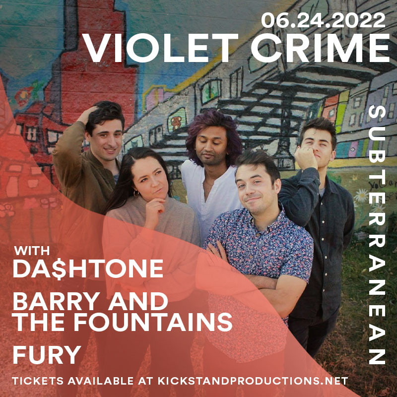 kickstandshows's tweet photo. 🌺 JUST ANNOUNCED 🌺
Violet Crime (@violetcrime_il) at Subterranean (@subtchicago) with Da$Htone, Barry and The Fountains &amp; FURY on Fri., June 24!
🎟 Tickets on sale NOW >> https://t.co/ygw7ZXsvRC https://t.co/uA71IgAYU1