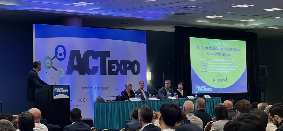 nzbolton's tweet photo. Understanding the current landscape of Autonomous Commercial Vehicles and challenges for #fleets, charging #infrastructure, #safety and #uptime. Panel discussion with Dirk Wohltmann at #ACTExpo2022 #ZF #Wabco #Autonomous #CV #fleetsolutions #connectivity https://t.co/IZ3vGizf5K