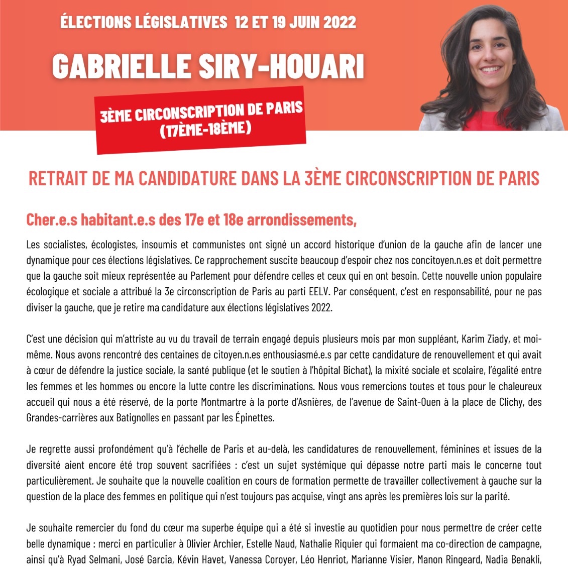 GSiryHouari's tweet photo. #legislatives2022, retrait de candidature #paris17 #paris18

En responsabilité après la signature de l’accord #Nupes, je retire ma candidature sur la #circo7503 de Paris au profit de @LeaBalage

Merci à tous.tes pour votre soutien ces derniers mois, en particulier à mon équipe ⤵️ https://t.co/rXq6tA6EyN