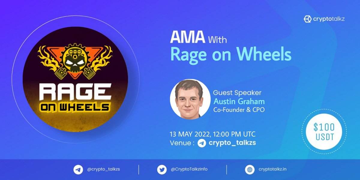 CryptoTalkzInfo's tweet photo. Crypto Talkz will host AMA with Rage on Wheels on 13th May 2022 at 12:00 PM UTC

💰Rewards Pool : $100 USDT

🏠Venue : https://t.co/lzUOspQmOa

Rules:
1⃣ Follow @CryptoTalkzInfo &amp; @RageOnWheels
2⃣ Like &amp; Retweet
3⃣ Comment Questions &amp; Tag 3 Friends (max 3 questions) https://t.co/iEWnsuGpfG