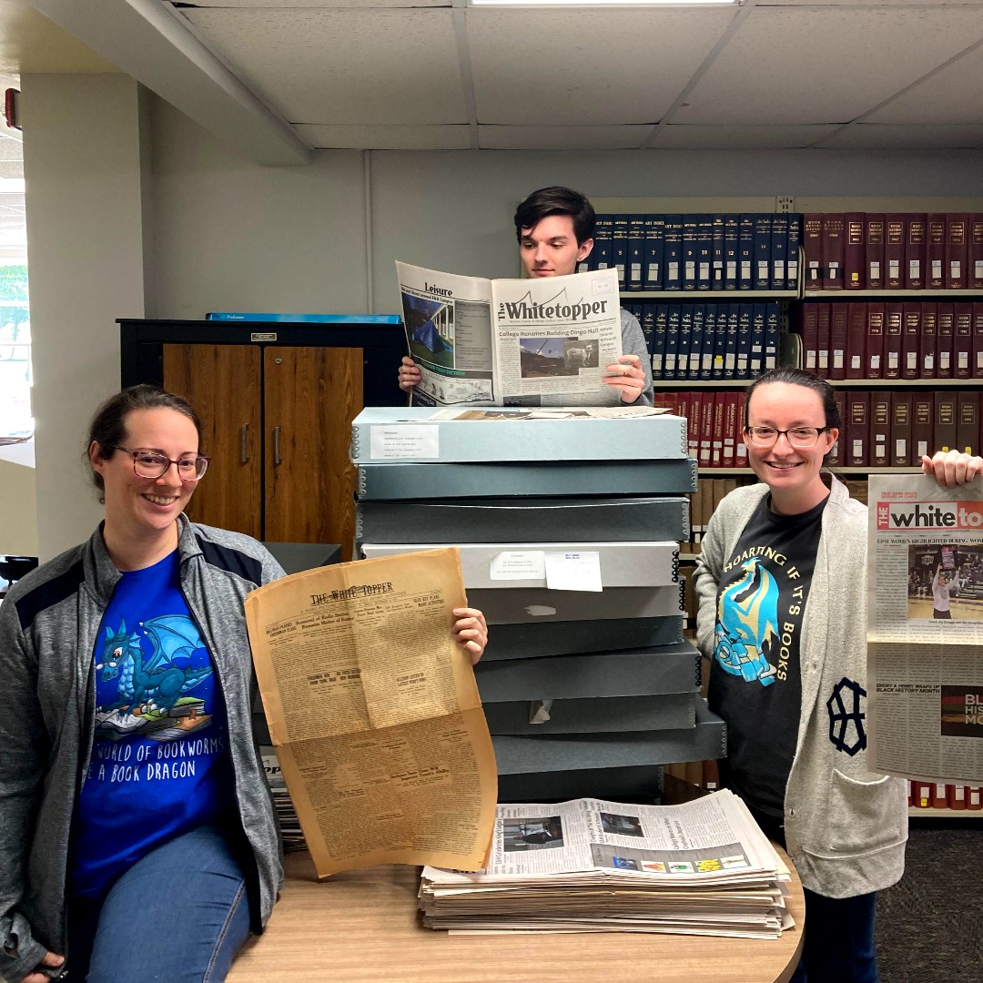 EHCLibraries's tweet photo. "On Wednesdays we wear dragons!"

Rebecca and Morgan are rocking their "book dragon" shirts as the Tech Services team works with old copies of the E&amp;H College newspaper, "The Whitetopper." https://t.co/l6gknpThYG