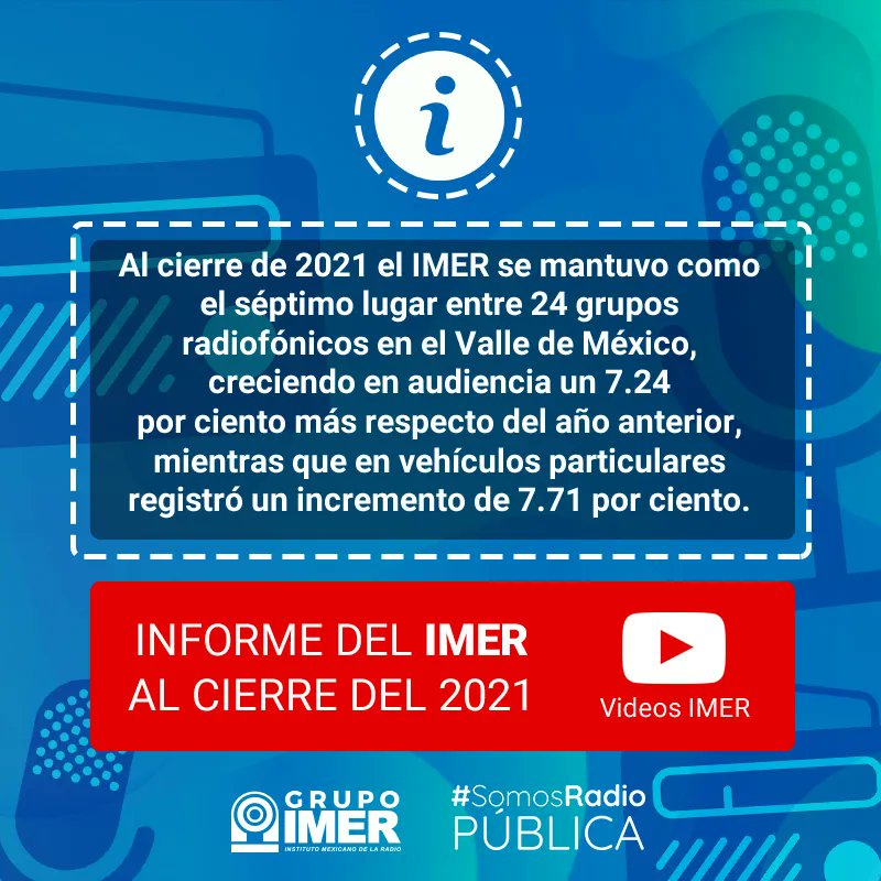 imerhoy's tweet photo. Producciones, transmisiones, redes sociales, micrositios, colaboraciones y todas las actividades del IMER que marcaron el 2021
#InformeIMER ℹ️ Mira la síntesis ejecutiva aquí 👉🏾 https://t.co/zaQ4NyAMXi
#SomosRadioPública https://t.co/qwdCp706mh