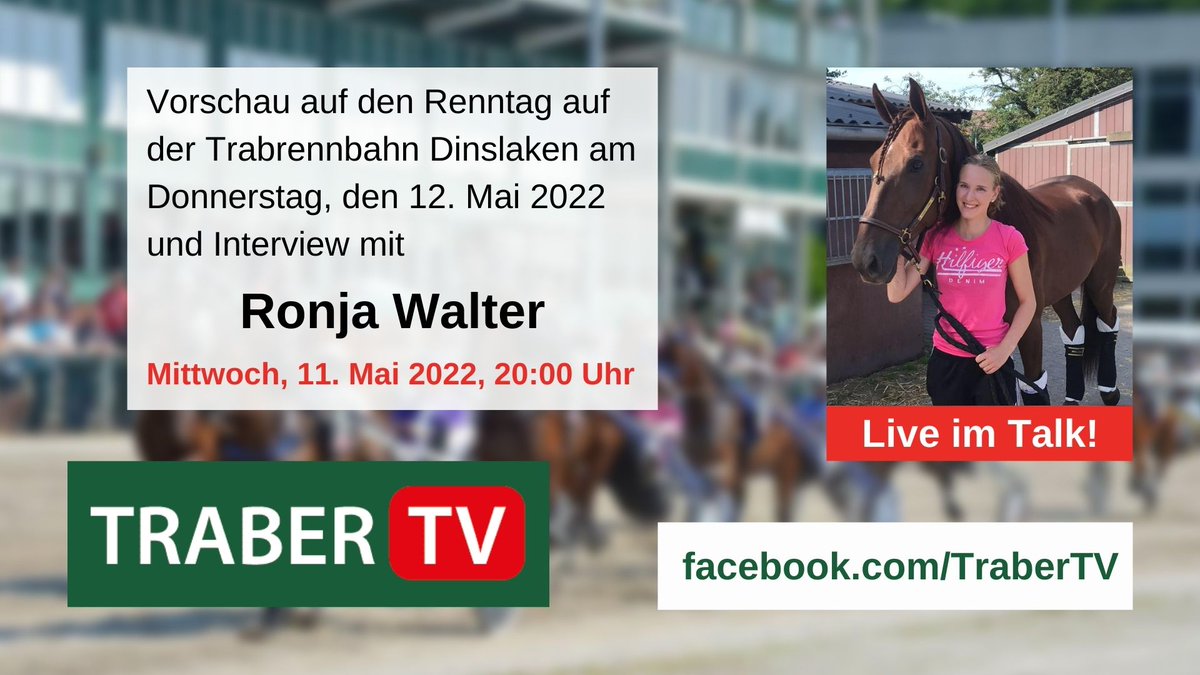 Morgen abend ist Renntag bei <a href="/dintrab/">Dintrab</a> und Ronja Waler startet in #Dinslaken in einem Trabreiten.

Heute abend ist sie zu Gast bei <a href="/Traber_TV/">TraberTV</a> zu einem Interview.