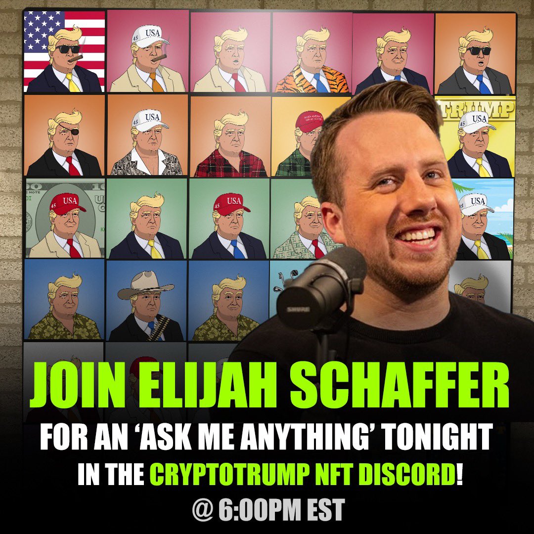 crypto_trumps's tweet photo. Join @ElijahSchaffer in the CryptoTRUMP Club Discord tonight at 6pm ET for his Ask Me Anything! #CryptoTRUMPClub #AMA
https://t.co/YmrRa4Vq9z https://t.co/wlMFNTtb71