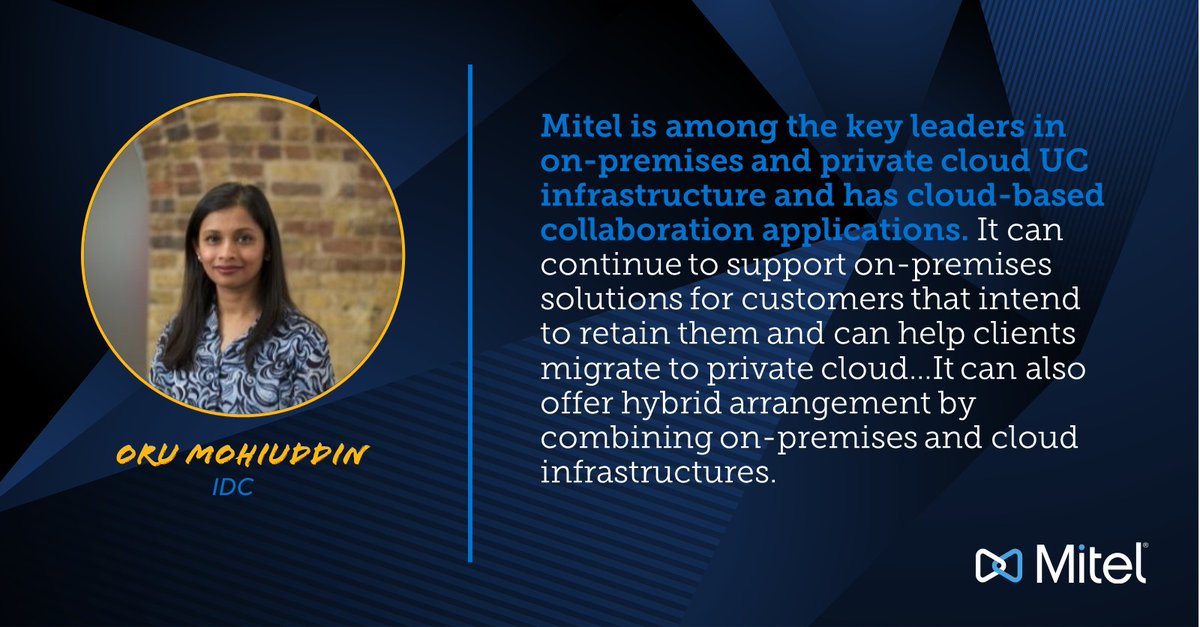 "#Mitel is among the key leaders in on-premises and private cloud #UC infrastructure and has cloud-based collaboration applications..." - <a href="/OruM65397126/">Oru Mohiuddin</a>, 📈 Research Manager at <a href="/IDC/">IDC</a> 

Check out more insights 👉 bit.ly/3sdSxkR