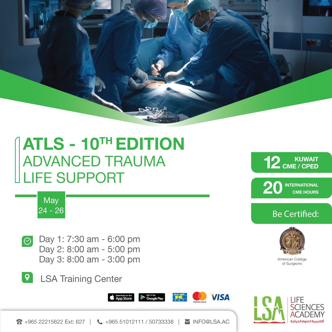 lsaedu's tweet photo. 💻 Take the opportunity to Register in Advanced Trauma Life Support (ATLS 10th Edition) through our website

https://t.co/S3CWfvjwon

🪑Limited Seats

⏱ 12 Kuwait CME
⏱ 20 International CME

👨‍⚕️Recommended for: Surgery, Anesthesia, Critical Care and Emergency Physicians https://t.co/9ro26YS7Js