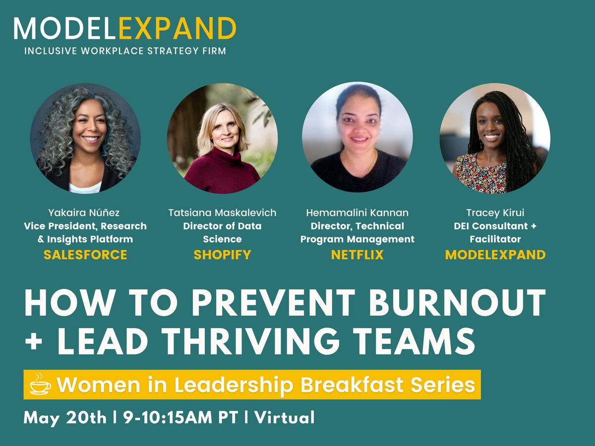 Join us May 20th, 9-10:15 am PT for ModelExpand’s Event on How To Prevent Burnout + Lead Thriving Teams. Leaders will discuss how they support their teams - and themselves! -  to create dynamics that help everyone stay engaged, grow and thrive at work. bit.ly/3vB1GVm
