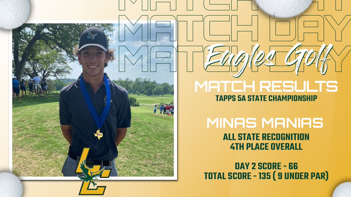 🦅⛳ Boys Golf ⛳🦅

Senior Minas Manias fired a 2nd round score of 66 to capture 4th Place in the TAPPS 5A Boys State Golf Championships. His 2-day total of 9-under (135) set an LCA school scoring record for boys golf &amp; earned him All-State honors for the 2nd time. Congrats!
