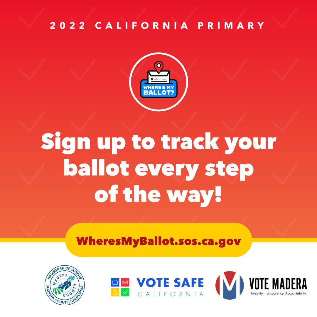 MaderaElections's tweet photo. All vote-by-mail ballots come with return envelopes that have pre-paid, first class postage and a unique barcode that you can track with “Where’s My Ballot?” Have confidence in your vote &amp; sign up at https://t.co/JQESLgZ2fL
#VoteSafeCA #VoteMadera https://t.co/xoMiFJOa9c