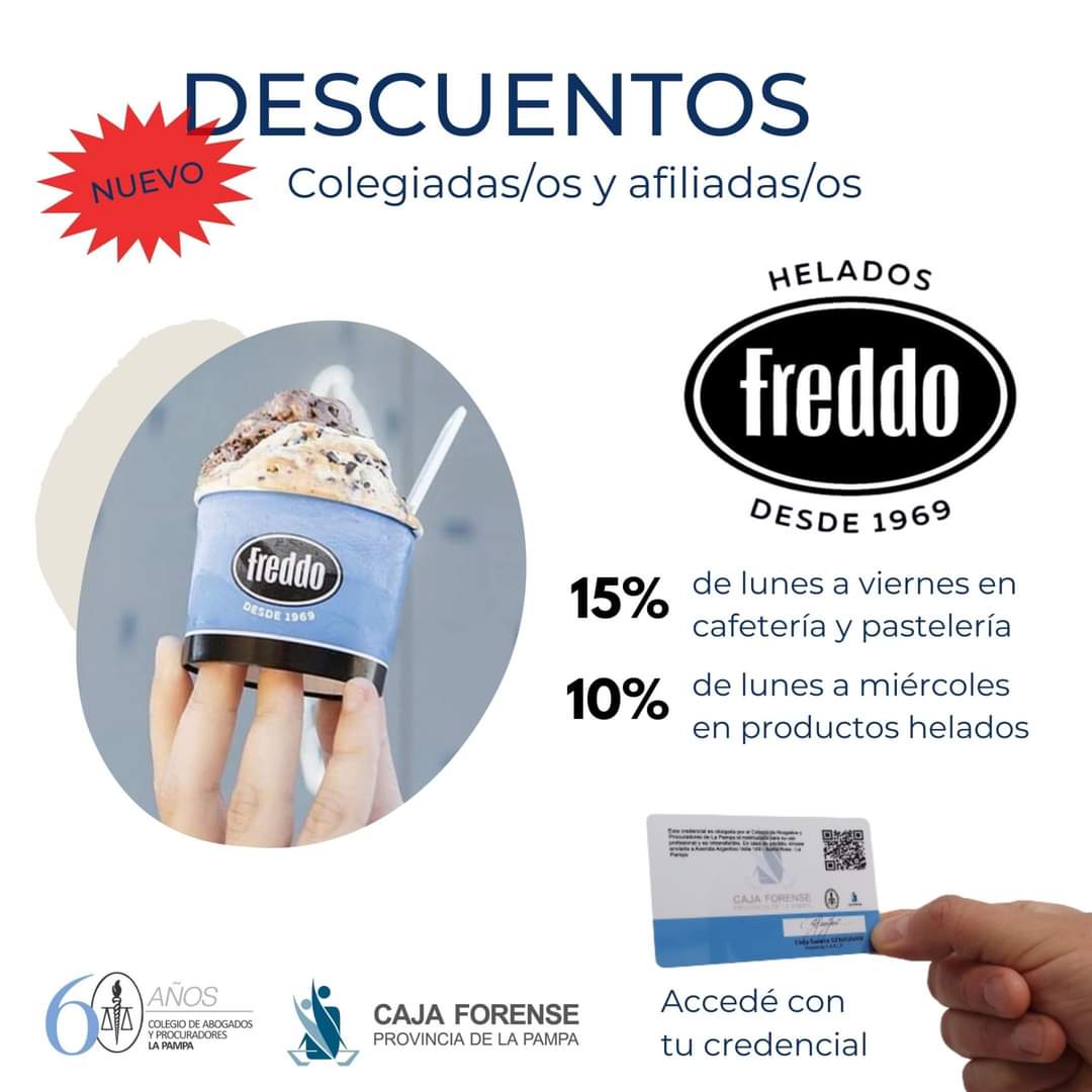 CajaForenseLP's tweet photo. 🤩  𝗡𝗨𝗘𝗩𝗢 𝗗𝗘𝗦𝗖𝗨𝗘𝗡𝗧𝗢 𝗘𝗡 𝗖𝗢𝗠𝗘𝗥𝗖𝗜𝗢𝗦 👏
👉 Helados Freddo en Avenida San Martín 324 de Santa Rosa.
👉 Para colegiadas/os al #CAPLP y afiliadas/os a #CajaForense 
💳 Usá la credencial!!!
#abogadosdelapampa #abogadas #lapampa #abogados https://t.co/Ik1D4AgGyV