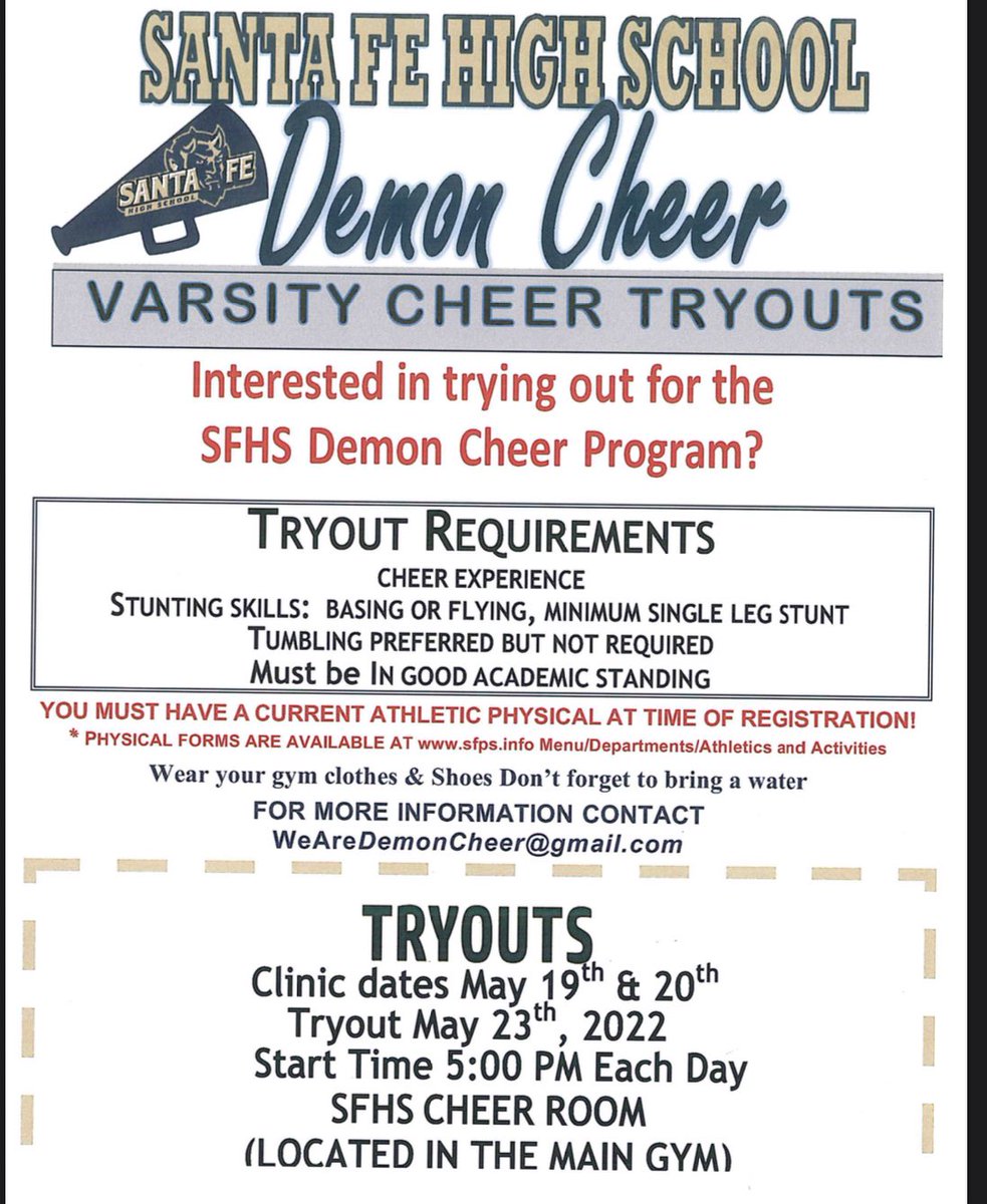 SFHS DEMON CHEER MEETING TONIGHT WEDNESDAY 5/11 
5:30pm SFHS Gymnasium