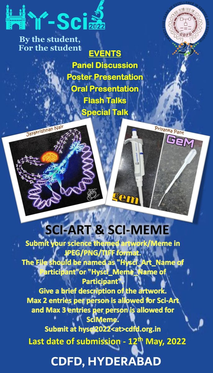 #Hyderabad SCIENCE Competitions

2022

Don't forget to submit your creativity for @HySci2020 and win exciting prizes for Sci Art and Sci meme COMPETITIONS.

@DBT_CDFD <a href="/DBTIndia/">Department of Biotechnology</a>