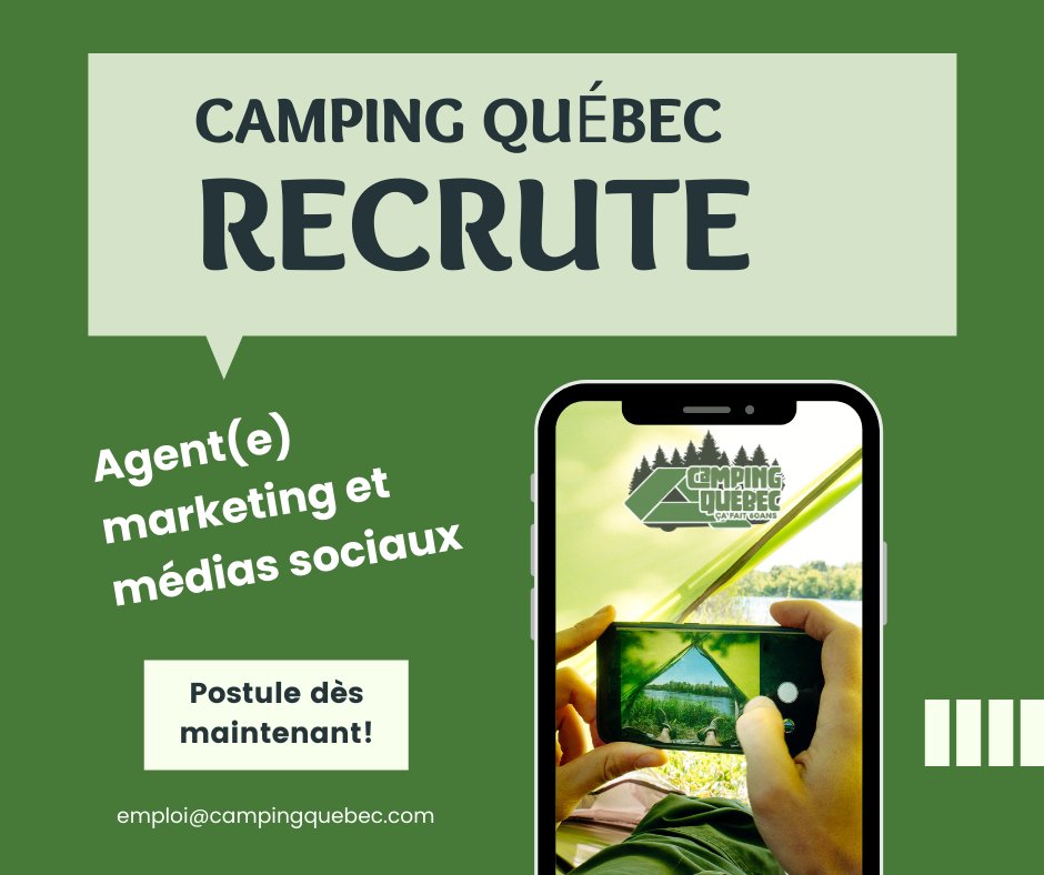 CampingQuebec's tweet photo. Camping Québec est à la recherche d'un(e) agent(e) marketing et médias sociaux. Équipe dynamique et passionnée, industrie en expansion continuelle, possibilités d’avancement et travail hybride!💥🤩

👉Pour postuler : https://t.co/2xTe80jAjR https://t.co/cJSxy3zn1p