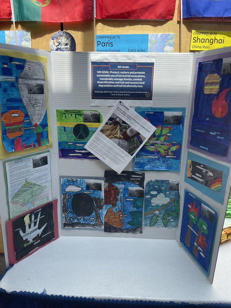 MalloryChinn's tweet photo. Beautiful student work on display as Life Around the Globe continues! Each grade read an article tied to a UN Sustainability goal. Students created blackout poems with the articles! #WeAre7b #WeAreChappaqua https://t.co/H6CLXOdHEK