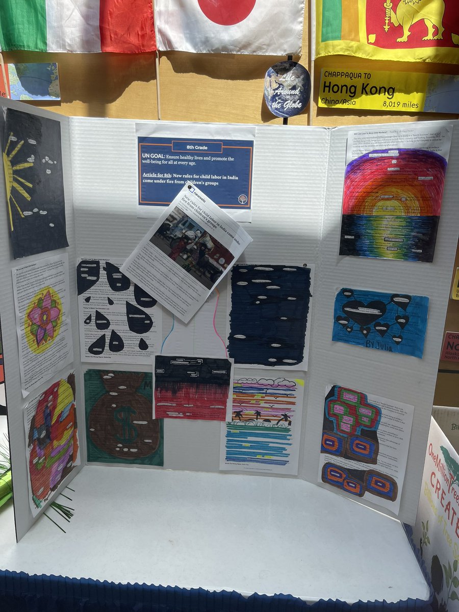 MalloryChinn's tweet photo. Beautiful student work on display as Life Around the Globe continues! Each grade read an article tied to a UN Sustainability goal. Students created blackout poems with the articles! #WeAre7b #WeAreChappaqua https://t.co/H6CLXOdHEK
