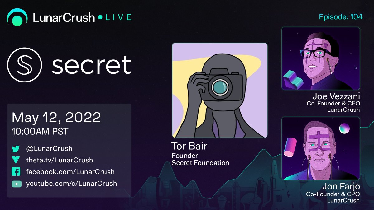 Join us Thursday, May 12th, 10am PST for LunarCrush Live with <a href="/SecretNetwork/">Secret Network</a>! 

We welcome, <a href="/TorBair/">Tor Bair 😺</a>, Founder #SecretNetwork. We'll be discussing Secret Network, brand strategies, and the importance of the $scrt community.

Live on <a href="/LunarCrush/">LunarCrush</a> + youtu.be/ncglUsMOan8