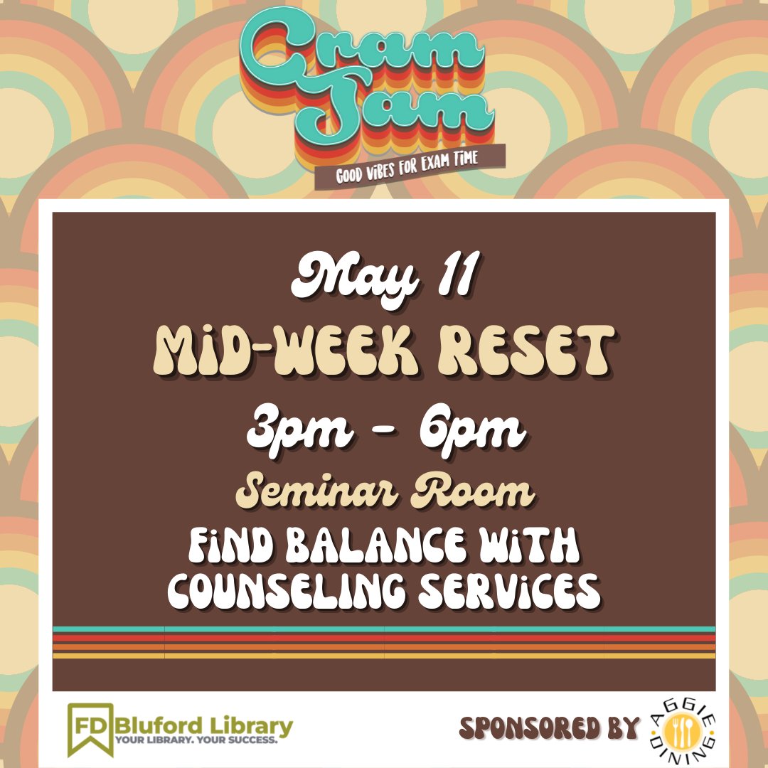 blufordlibrary's tweet photo. Join us TODAY for Cram Jam's Mid-Week Reset! Take a break from exams at Bluford Library. Thanks to counseling Services &amp; @ncatdining for collaborating with us! #YourLibraryYourSuccess https://t.co/aWpTaiYax0