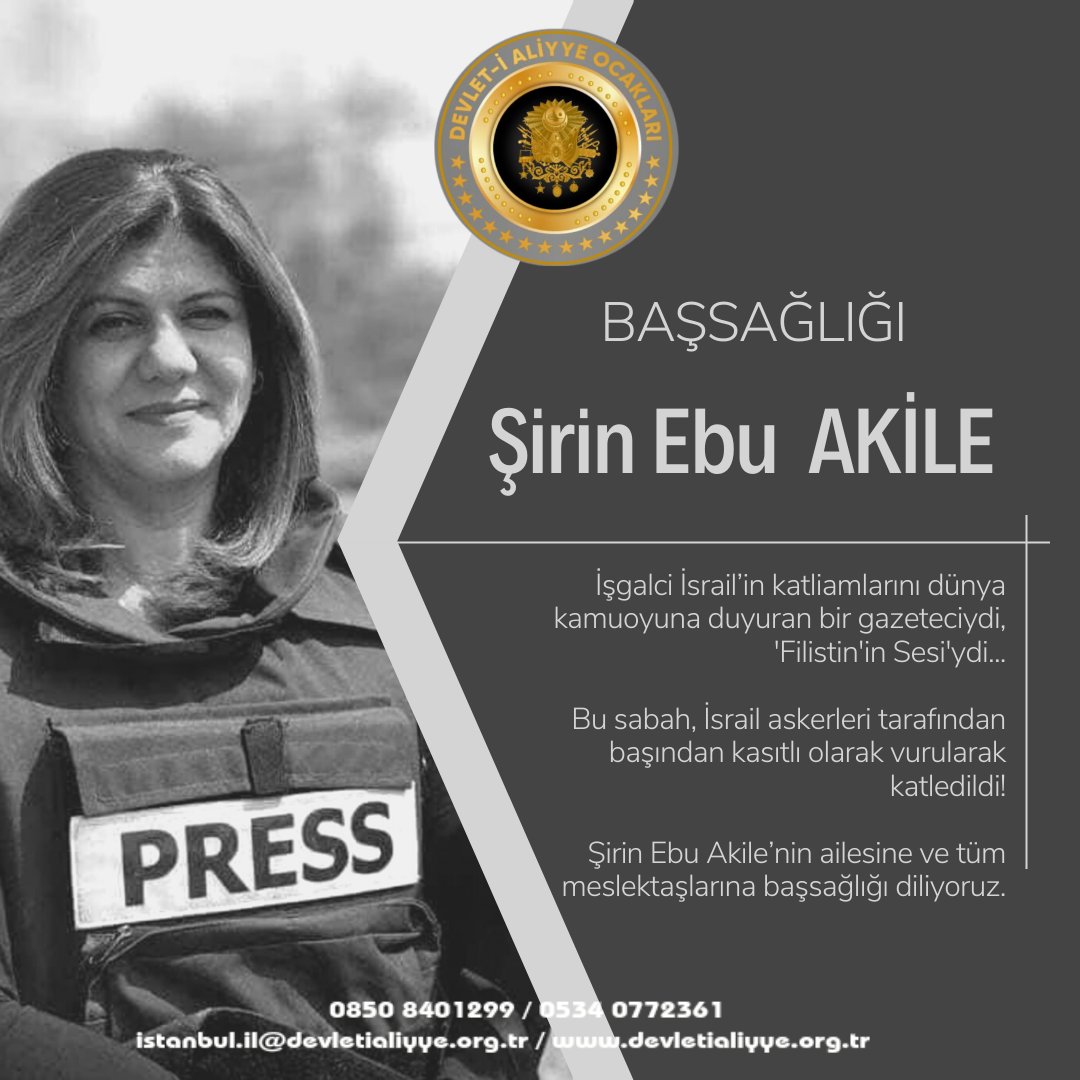 devaliyye34's tweet photo. İşgalci İsrail’in katliamlarını dünya kamuoyuna duyuran bir gazeteciydi, 'Filistin'in Sesi'ydi...

Bu sabah, İsrail askerleri tarafından başından kasıtlı olarak vurularak katledildi!

Şirin Ebu Akile’nin ailesine ve tüm meslektaşlarına başsağlığı diliyoruz.
#devletialiyyeocakları https://t.co/UxwD9l5VAs