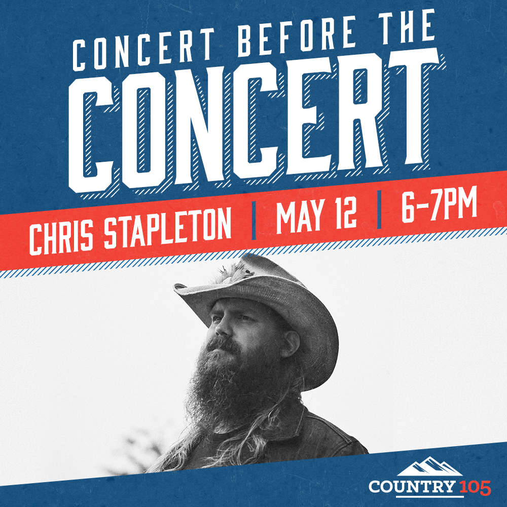 It’s The Concert Before The Concert for Chris Stapleton! An entire hour of <a href="/ChrisStapleton/">Chris Stapleton</a>, hosted by <a href="/GreggR105/">Gregg</a> &amp; <a href="/JosieBalkaFM/">JosieBalkaFM</a> from 6 – 7pm to get your pumped up and ready for the concert!