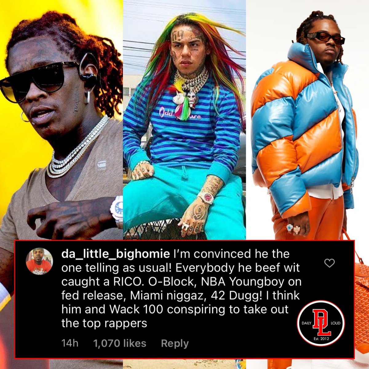 DailyLoud's tweet photo. Fans are convinced that 6IX9INE is working with the Feds to bring down Young Thug, Gunna, and every rapper he has beef with‼️👀 https://t.co/vLNOndGN7F