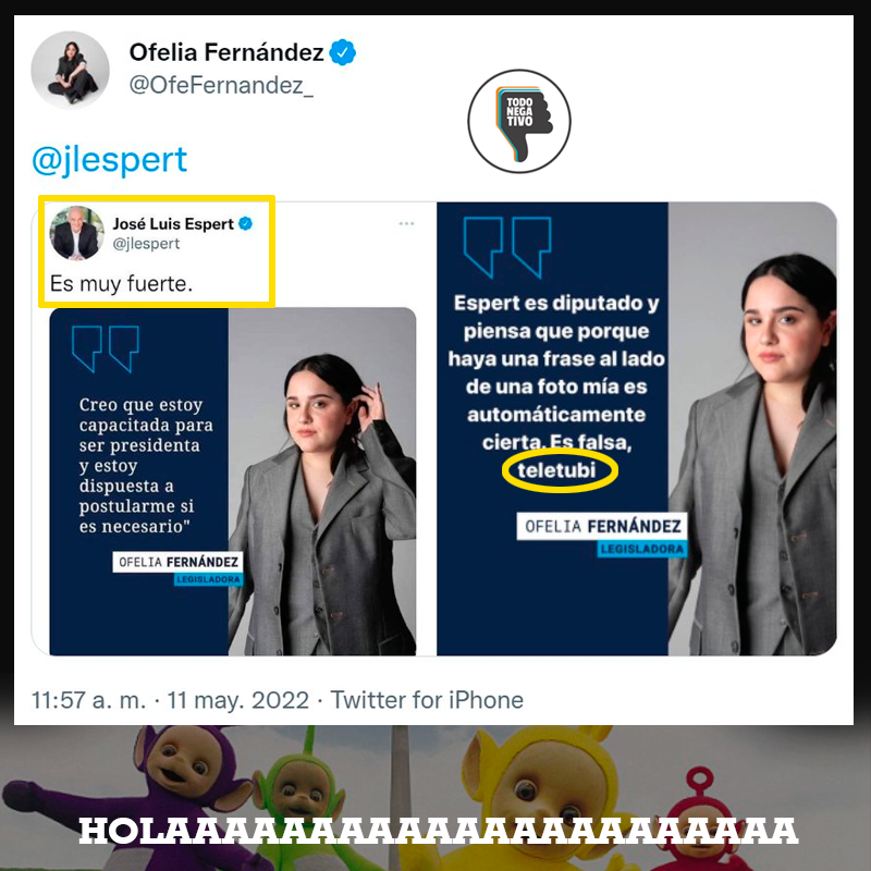 TodoNegativo's tweet photo. Jajajajajajaaaahhh #Teletubi Hola!!! #espert
@OfeFernandez_ 👏👏👏 https://t.co/QN9Ddn5bW6