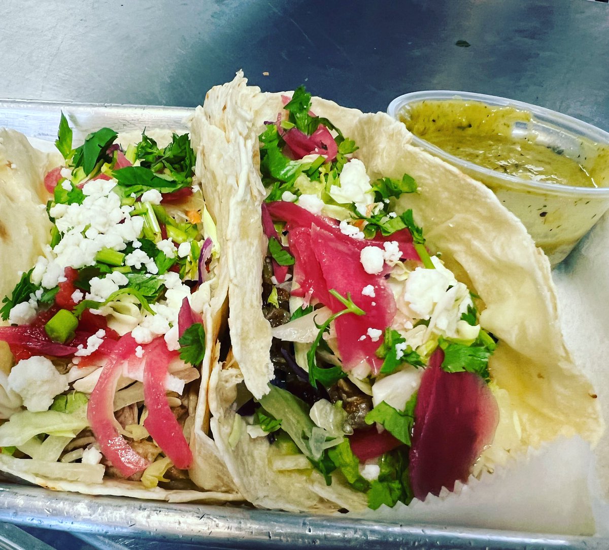 DelReyDeli's tweet photo. (2) Pulled Pork Tacos - cabbage, queso Oaxaca, queso fresco, pickled red onion, cilantro, corn tortillas, tomatillo salsa

Soup: Black Bean https://t.co/vbHsd727LG