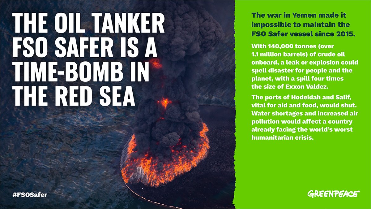 greenpeacepress's tweet photo. Countries at #UN pledge meeting only committed half the funds needed to salvage the #FSOSafer #oil tanker rusting off #Yemen.

Enough delays: time to step up and fully fund US$80million to transfer the #oil to safety, swiftly and securely.

Our comment:
https://t.co/nGxR981F3S https://t.co/bjQk2hrAEm