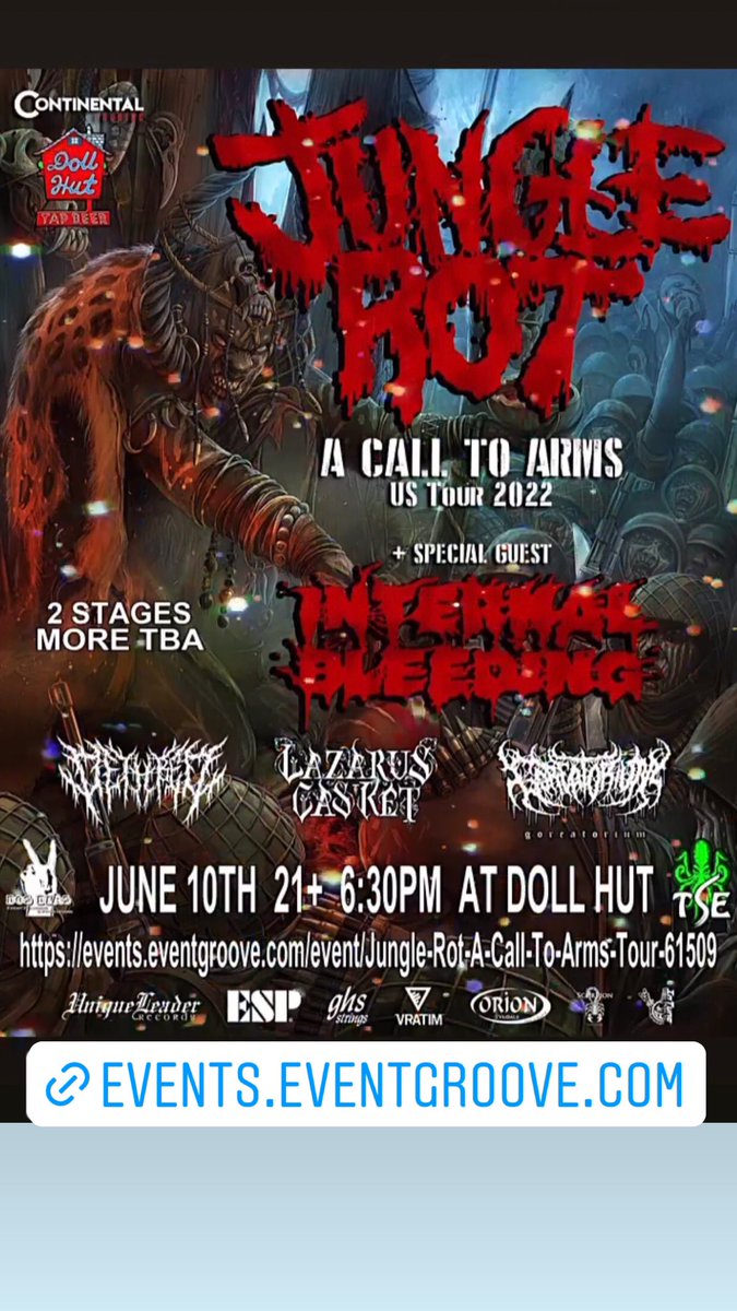 drdeath0666's tweet photo. Tickets are available now. @jungle_rot and @internal_bleeding with @lazaruscasket @dethbed661 #pigeon and @goreatorium_band June 10th @worldfamousdollhut See you sickos there! https://t.co/Xxanzcjrrk