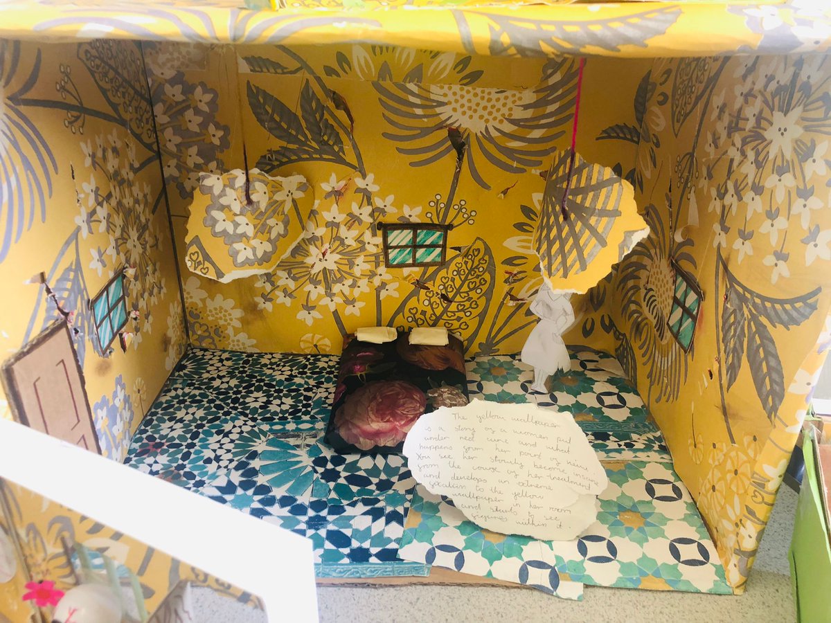 RPCCEnglish's tweet photo. @MissFison 's 9BW class were exploring how mental health was treated in the 19th century and its presentation in The Yellow Wallpaper last week. Look at these amazing creations! #creativity #greenandproud @RegentsParkCC @TL_RPCC https://t.co/f3L2FDC3Fv