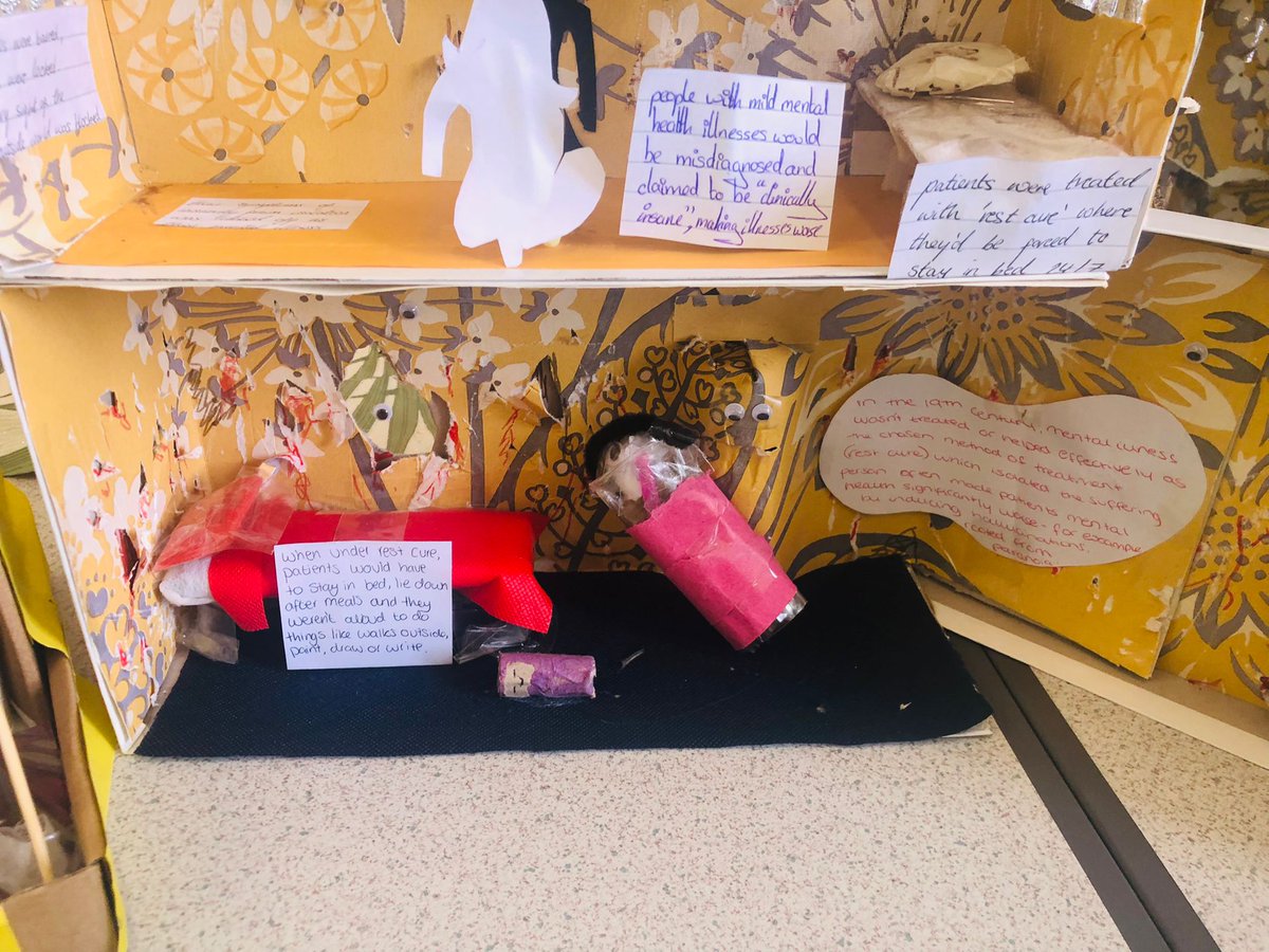 RPCCEnglish's tweet photo. @MissFison 's 9BW class were exploring how mental health was treated in the 19th century and its presentation in The Yellow Wallpaper last week. Look at these amazing creations! #creativity #greenandproud @RegentsParkCC @TL_RPCC https://t.co/f3L2FDC3Fv