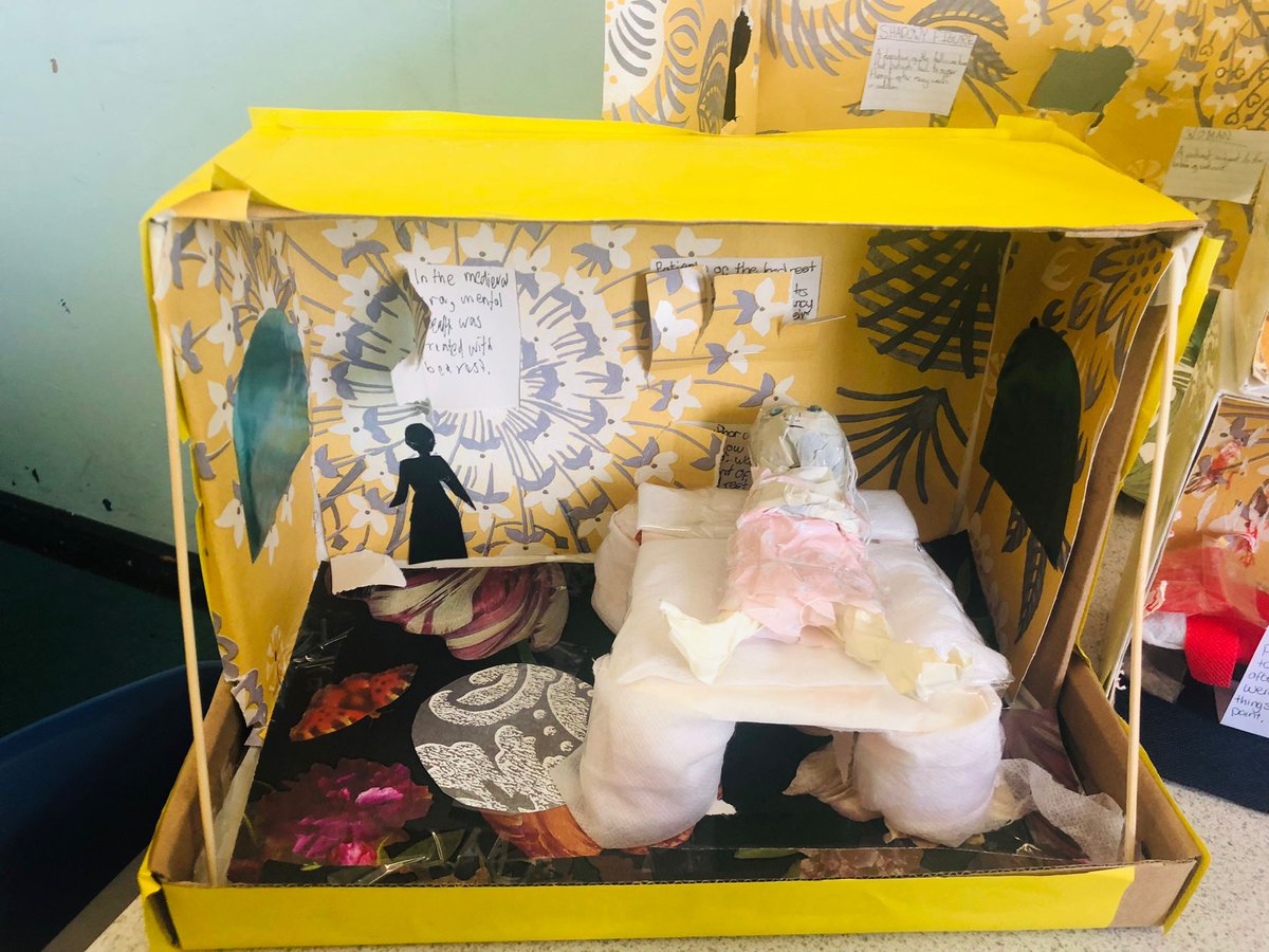 RPCCEnglish's tweet photo. @MissFison 's 9BW class were exploring how mental health was treated in the 19th century and its presentation in The Yellow Wallpaper last week. Look at these amazing creations! #creativity #greenandproud @RegentsParkCC @TL_RPCC https://t.co/f3L2FDC3Fv