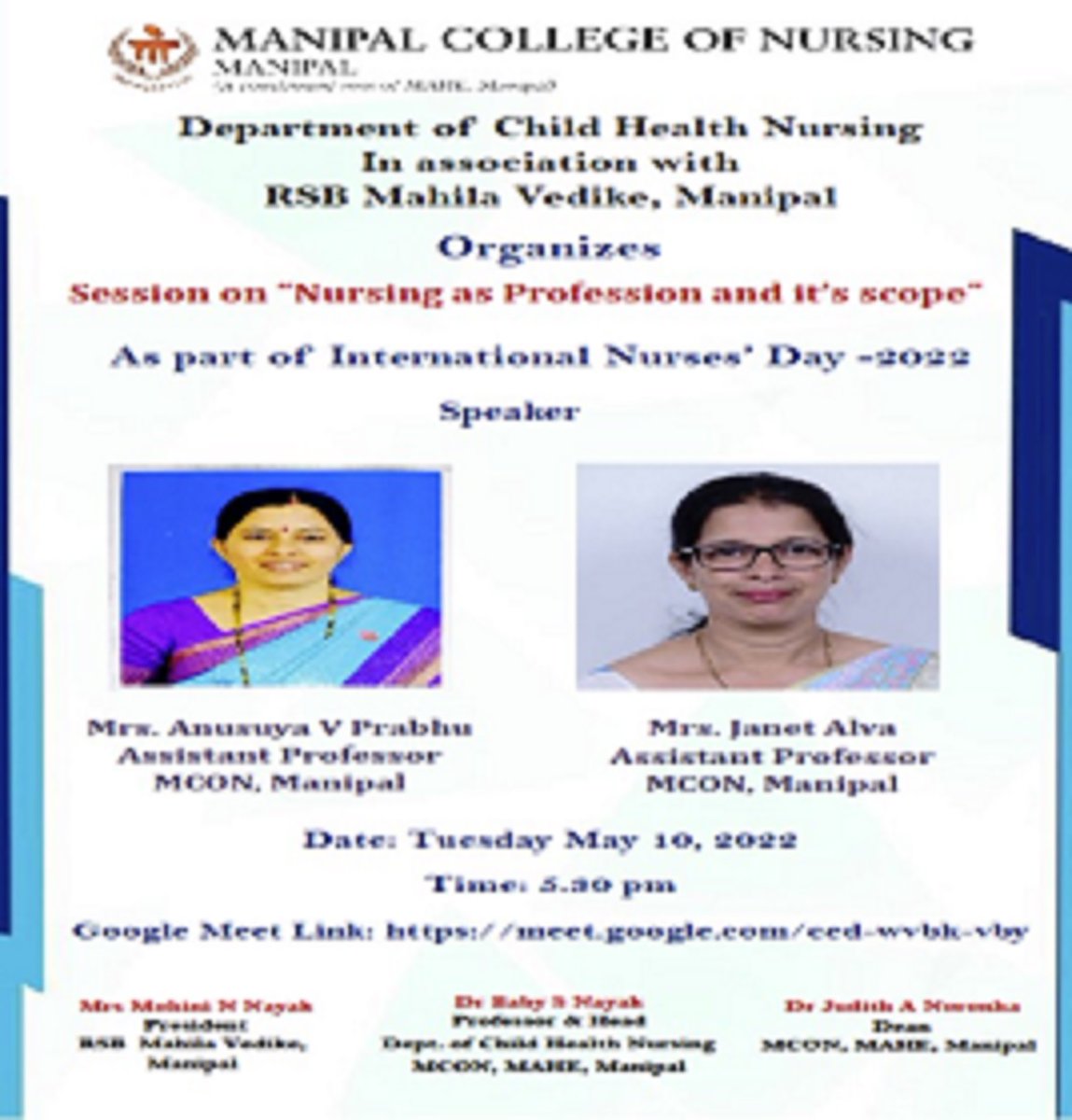 MconManipal's tweet photo. As part of #International Nurses’ week, dept. of Child Health Nursing @MconManipal  @MAHE_Manipal in association with RSB Mahila Vedike Manipal organized sessions on Nursing as profession &amp; its scope on 10.05.22. Mrs.Anusuya V Prabhu &amp; Mrs Janet Alva were the resource persons. https://t.co/3Cqxn9BGzd