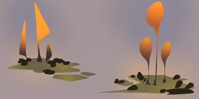 Top Left: quick initial image with simple shapes and colors. 
Wanted to see, what alienlike plants the AI generates when mixing them up with insect wings 