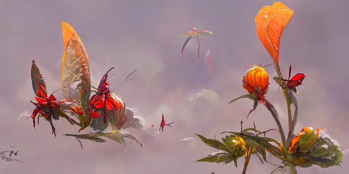 Top Left: quick initial image with simple shapes and colors. 
Wanted to see, what alienlike plants the AI generates when mixing them up with insect wings 