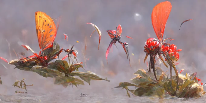 Top Left: quick initial image with simple shapes and colors. 
Wanted to see, what alienlike plants the AI generates when mixing them up with insect wings 