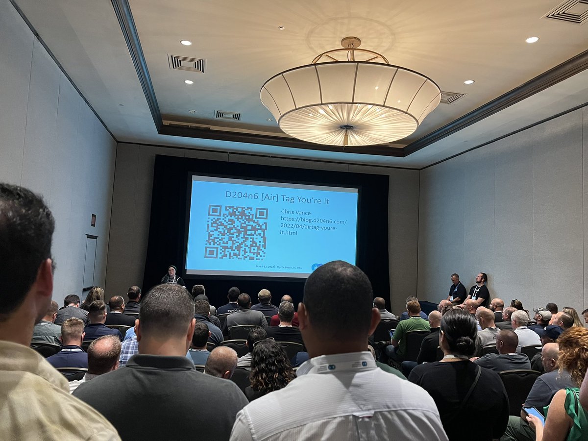 kim_gatson's tweet photo. Standing room only! For @B1N2H3X’s AirTag talk at #technosecuritymb and a shoutout to @cScottVance’s research! https://t.co/gDwC0CC6rh