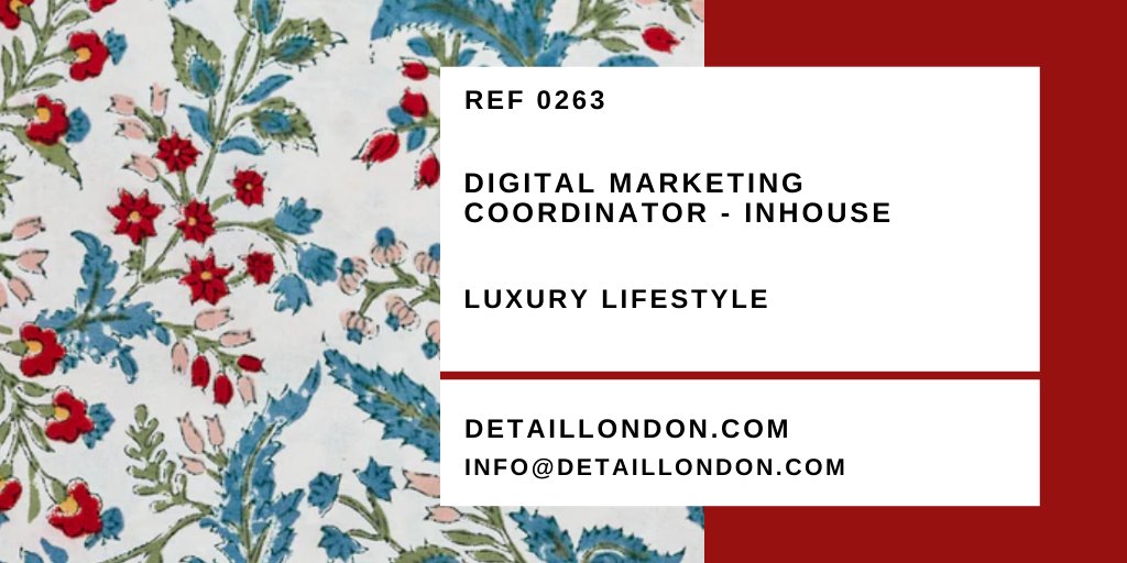 😊 We're partnering with our client  - a fabulous luxury British homeware store - to find a talented Digital Marketing Coordinator to join their growing team.

For info visit our website or email info@detaillondon.com today with REF 0263 in the subject line.

 #londonjobs