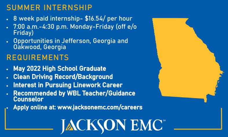 PAID summer internship with <a href="/JacksonEMC/">Jackson EMC</a> - Start your career in linework with a solid company that's served our community since 1938!  What are you waiting for?  #opportunity #career <a href="/Hall_Schools/">Hall County Schools</a> <a href="/HallCountyWBL/">Hall County WBL</a> #seeMrsAikenroom700