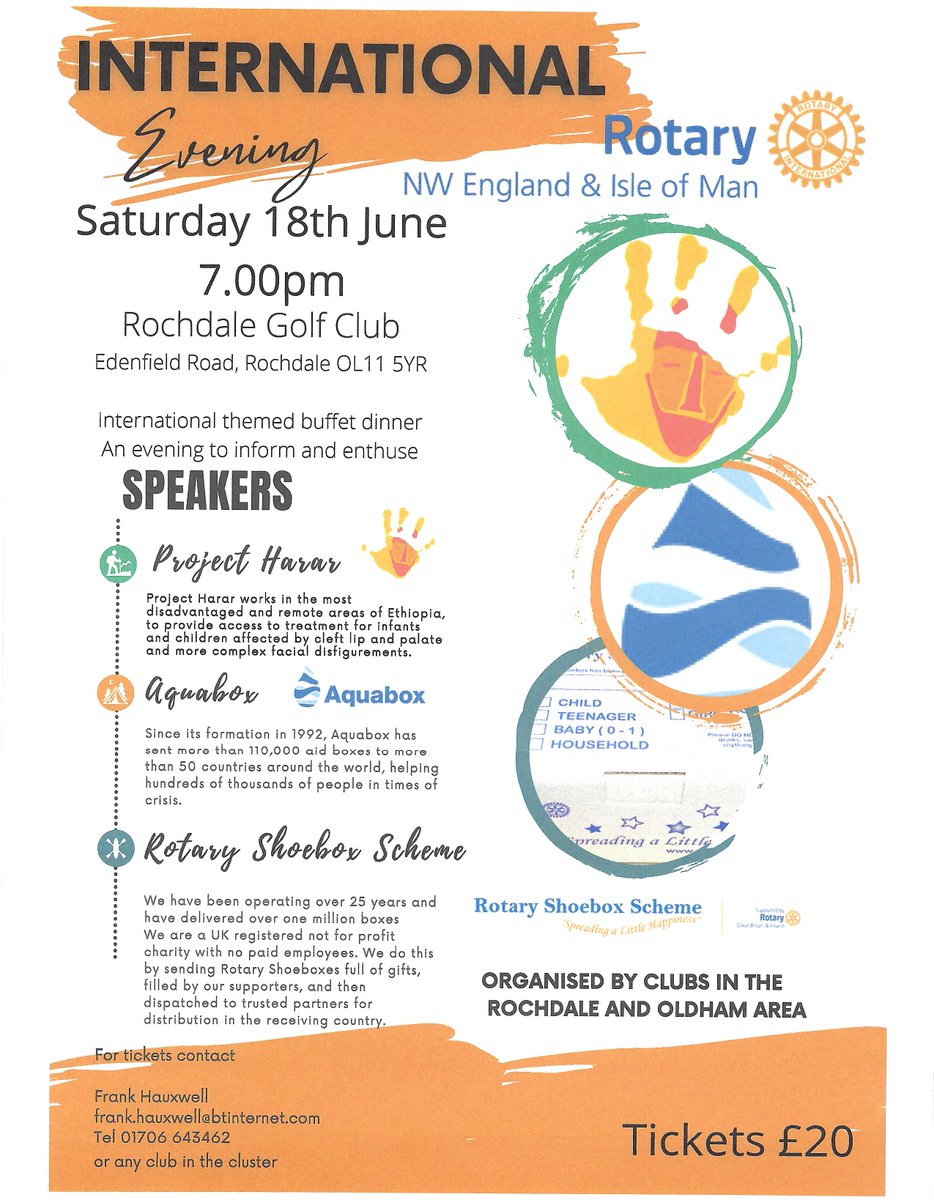 RotaryRochEast's tweet photo. ROTARY INTERNATIONAL EVENING, SATURDAY JUNE 18 2022.
Organized by Rotary Clubs in the Rochdale and Oldham Area.  Details below.  £20 each ticket.  Contact Frank Hauxwell (Frank.Hauxwell@btinternet.com) for more information or tickets. https://t.co/fP4aKz6p6t