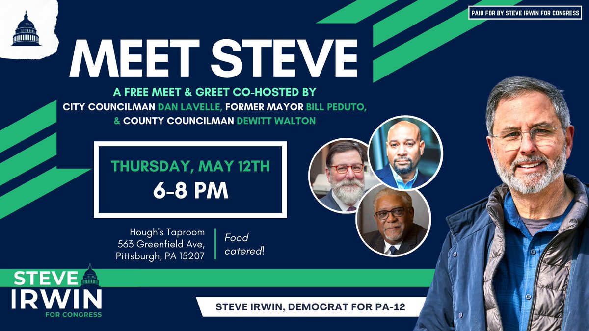 SteveIrwinPA's tweet photo. Tomorrow night, we’ll be hanging out at Hough’s in Greenfield with Dan Lavelle, Bill Peduto, and DeWitt Walton! 

Please join us: https://t.co/3zTFIdiTPQ