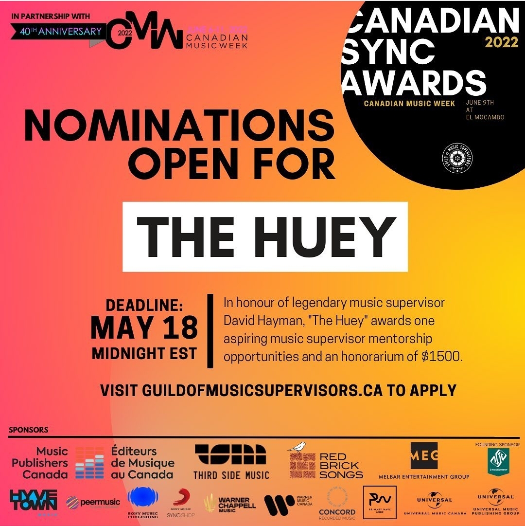 departurefest's tweet photo. The Guild of Music Supervisors Canada has created a new award, called “The Huey”.
⠀
“The Huey” will be presented to an aspiring music supervisor who has passion for the craft. 
⠀
Applications are due May 18 at Midnight EST. Visit https://t.co/UjzbDtxKHZ for info and to apply. https://t.co/NnDoG9gxJa