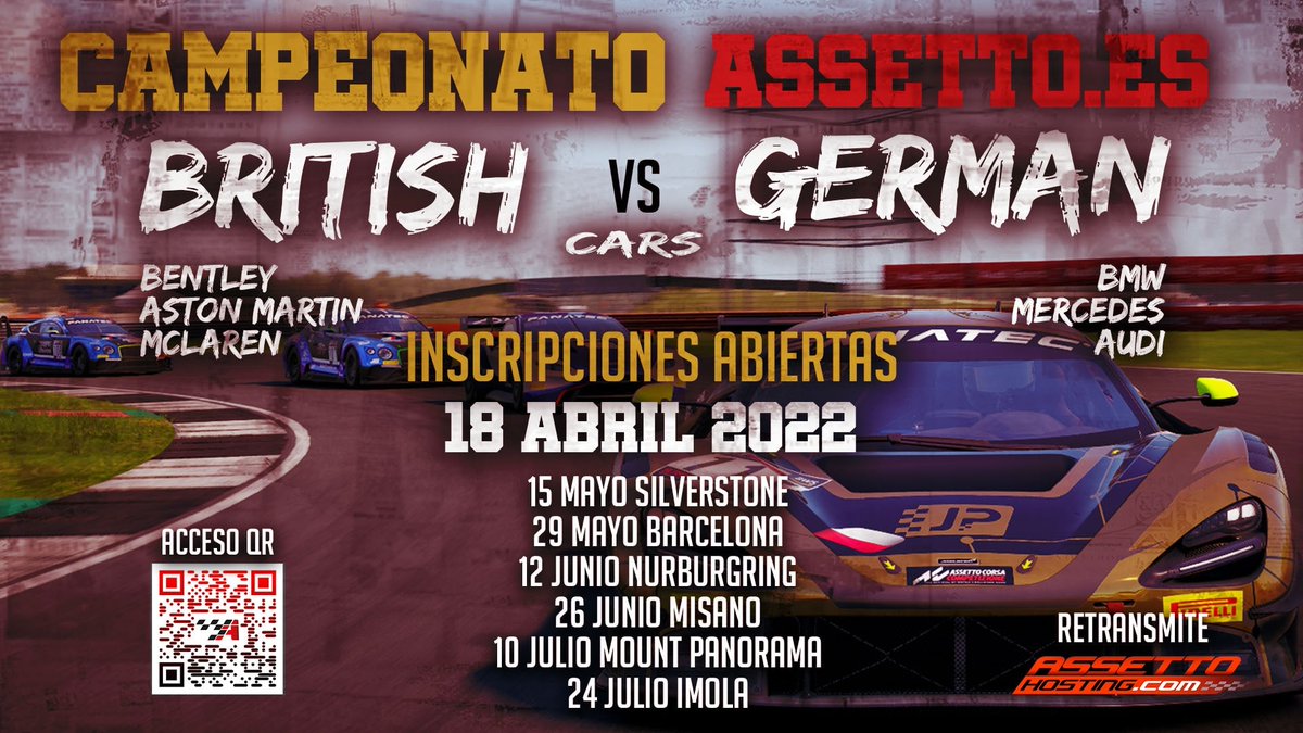 🚨 Aún estas a tiempo de participar en la 1a prueba! 

📺No te pierdas un gran campeonato con un equipo en cabina impresionante con <a href="/cbarranco__/">Carlos Barranco</a> y Alex de Assetto Hosting 

💪🏼Mas en assetto.es/2022/03/21/bri…